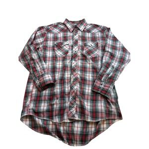 Wrangler VTG Mens XL Western Shirt Plaid‎ Red Green White Long Sleeve Cowboy